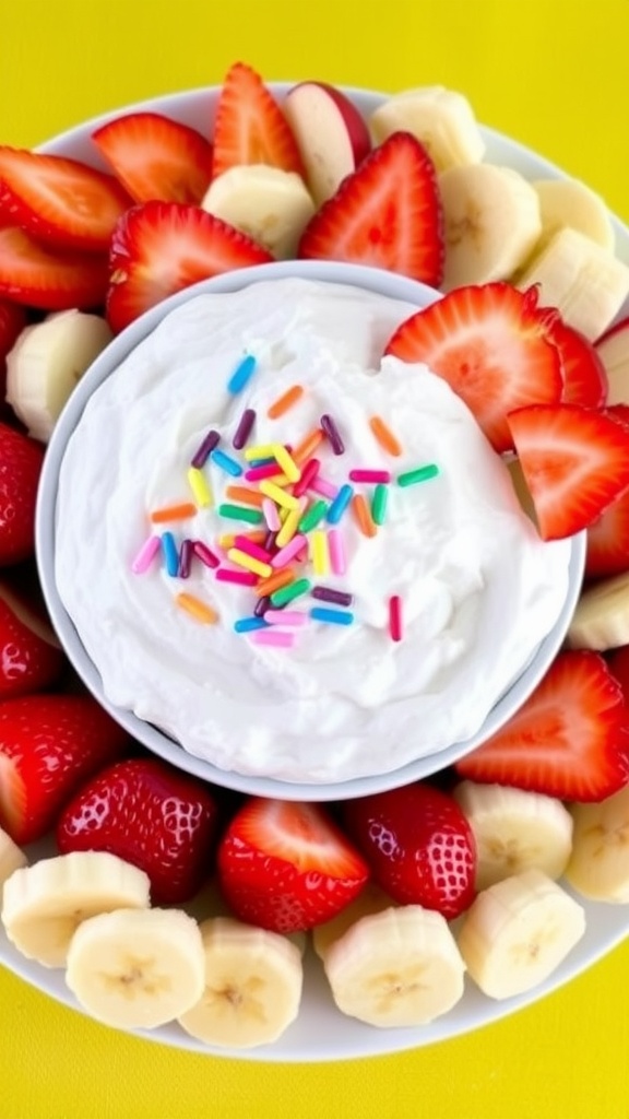 Quick and Easy Marshmallow Fluff Fruit Dip Recipe A bowl of marshmallow fluff fruit dip with fresh fruits like strawberries and apples on a colorful table.